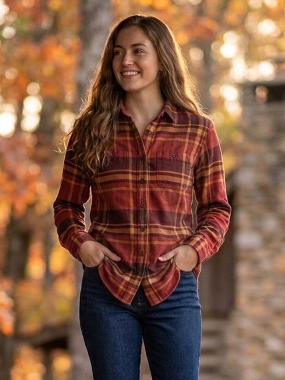 Duluth Trading Company Plaid Button-Down Shirt, Flannel Red and Yellow, Size XS